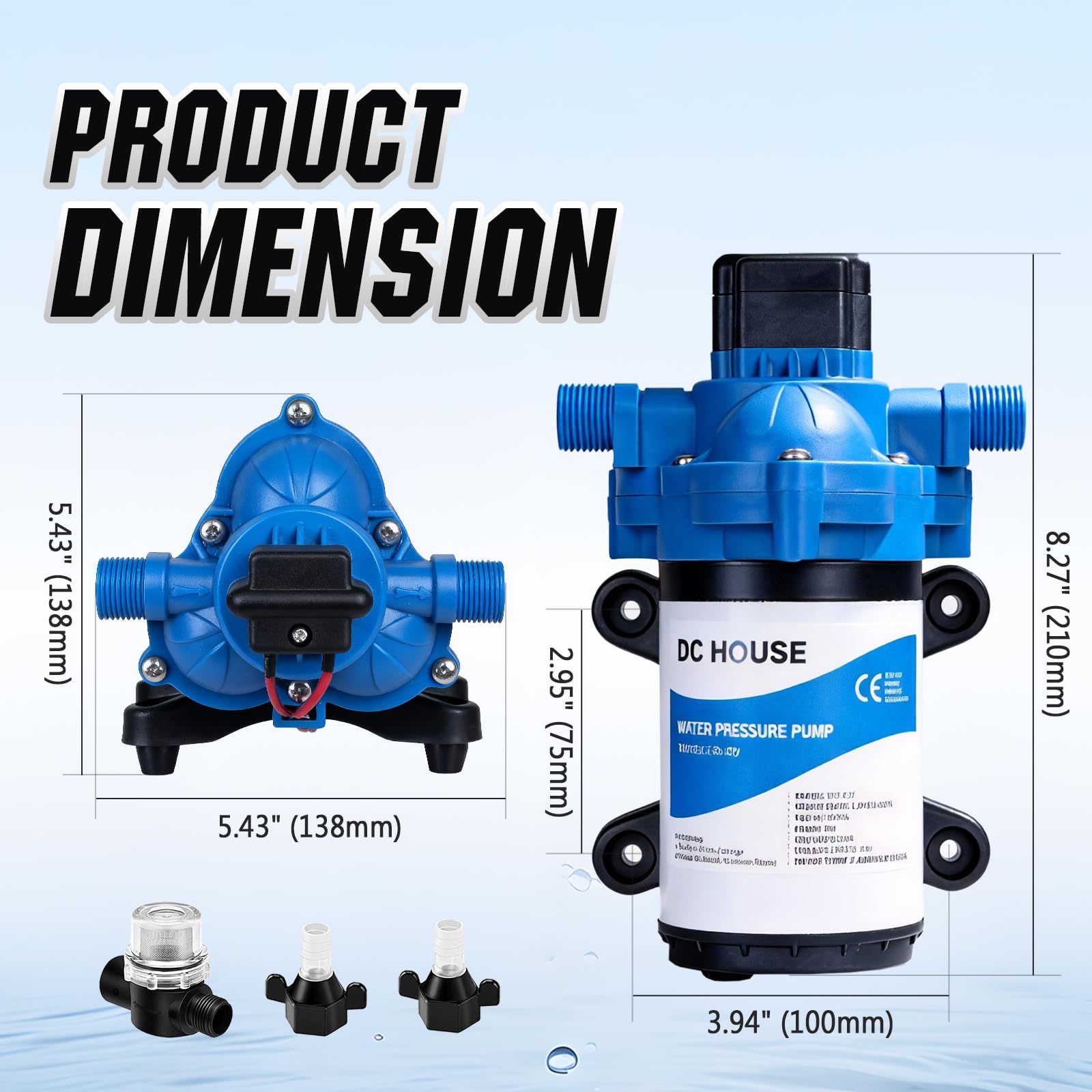 DC HOUSE self-priming pump up to 9.8 feet for easy RV installation.
