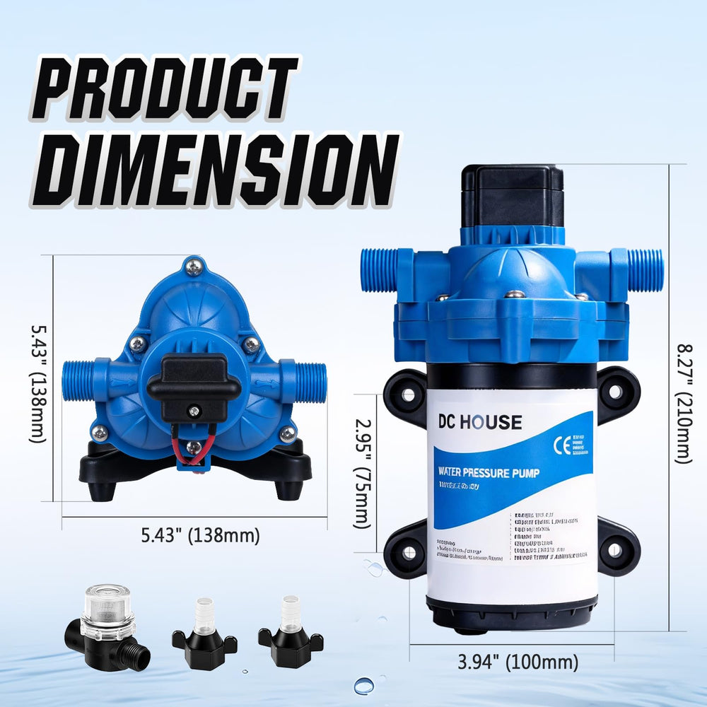 DC HOUSE self-priming pump up to 9.8 feet for easy RV installation.