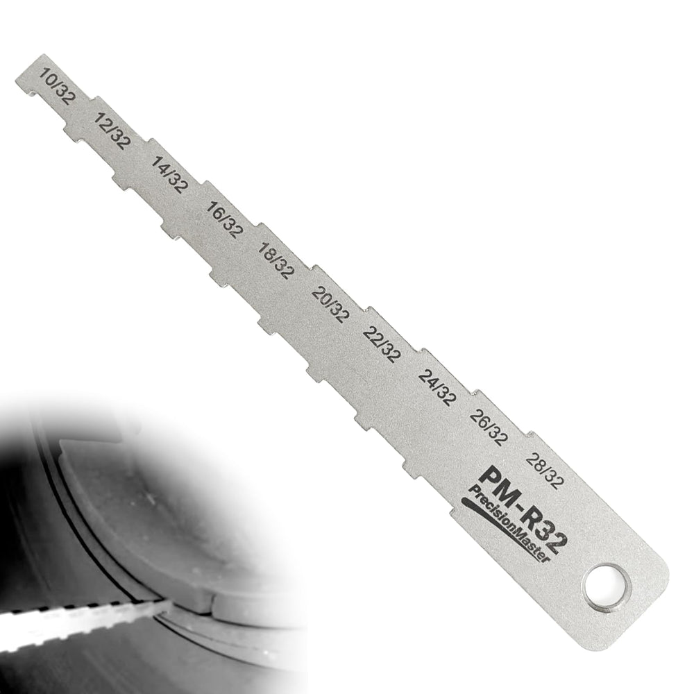 DCOMA brake pad meter with 32nds scale for quick, precise wear checks.