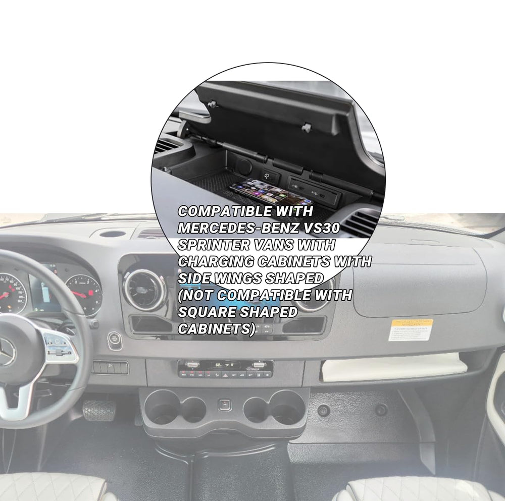 DCOMA sleek cord console enhances van cabin organization inside Sprinter dash.