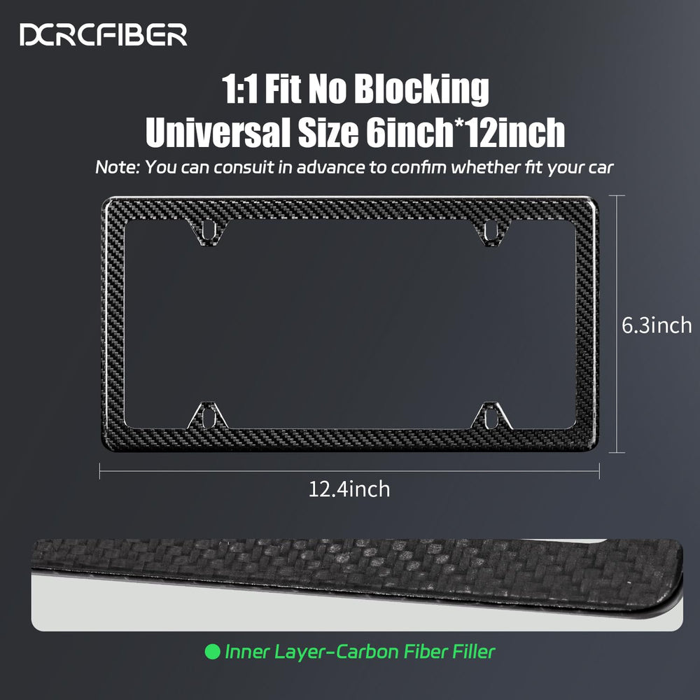 DCRCFIBER real carbon fiber license plate frame back view; clean lines and weather-ready finish.