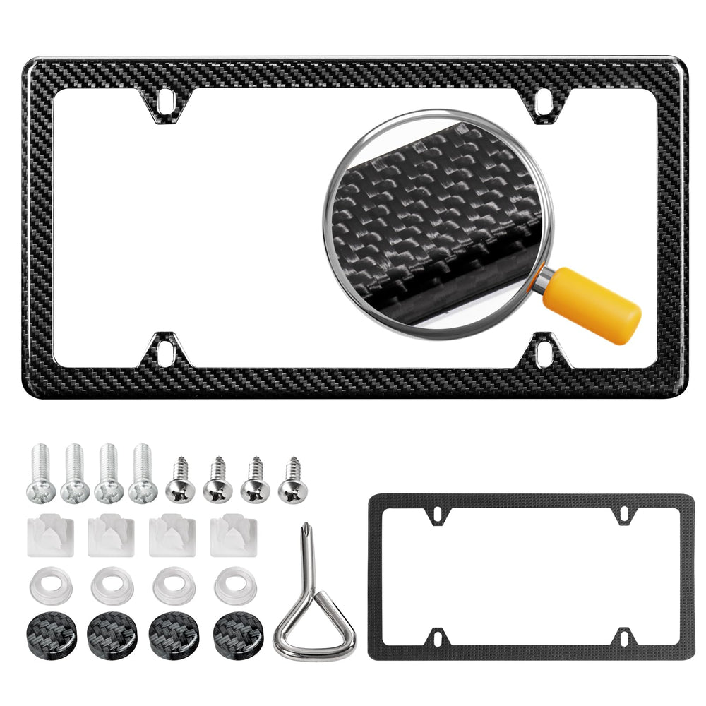 DCRCFIBER real carbon fiber license plate frame front view; premium styling and durable construction.