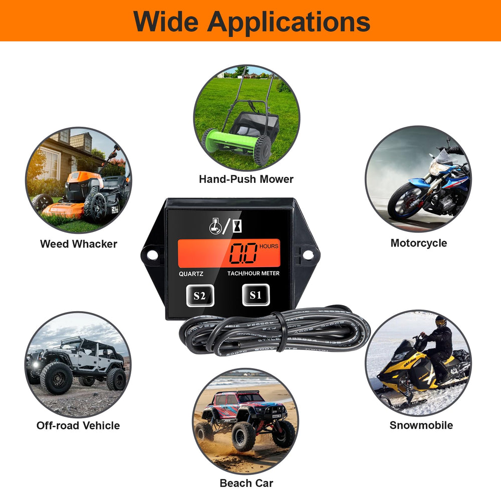 DDayuanwei tachometer in use on a lawnmower showing practical RPM monitoring