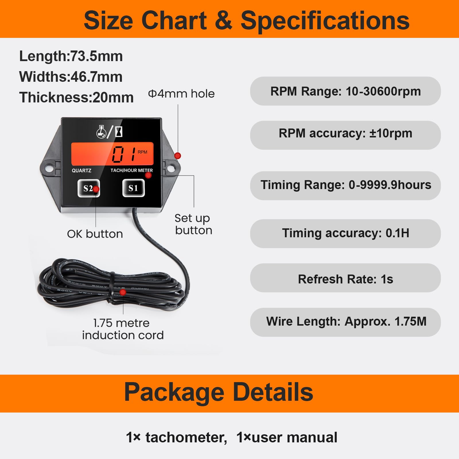 DDayuanwei tachometer package includes meter, 1.75 m wire, and manual for easy setup