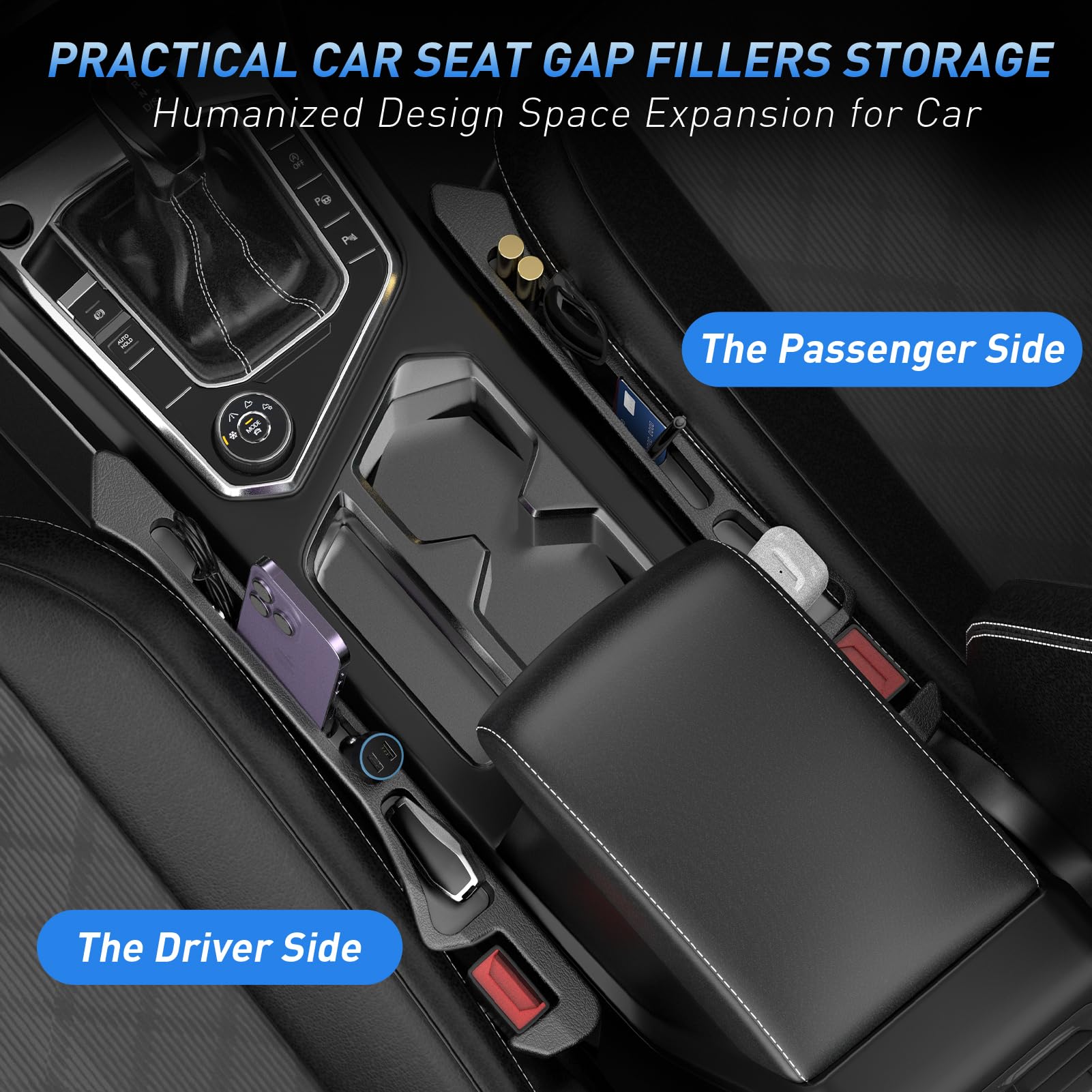 DDTPDE gap filler on the driver side adds convenient storage between seats.