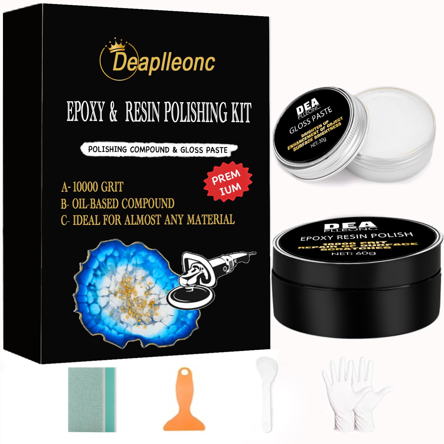 DEAPLLEONC epoxy resin polishing kit setup for a smooth, high-gloss finish.