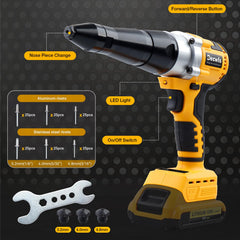 Decwls rivet gun with DeWalt 20V Max battery for flexible power.