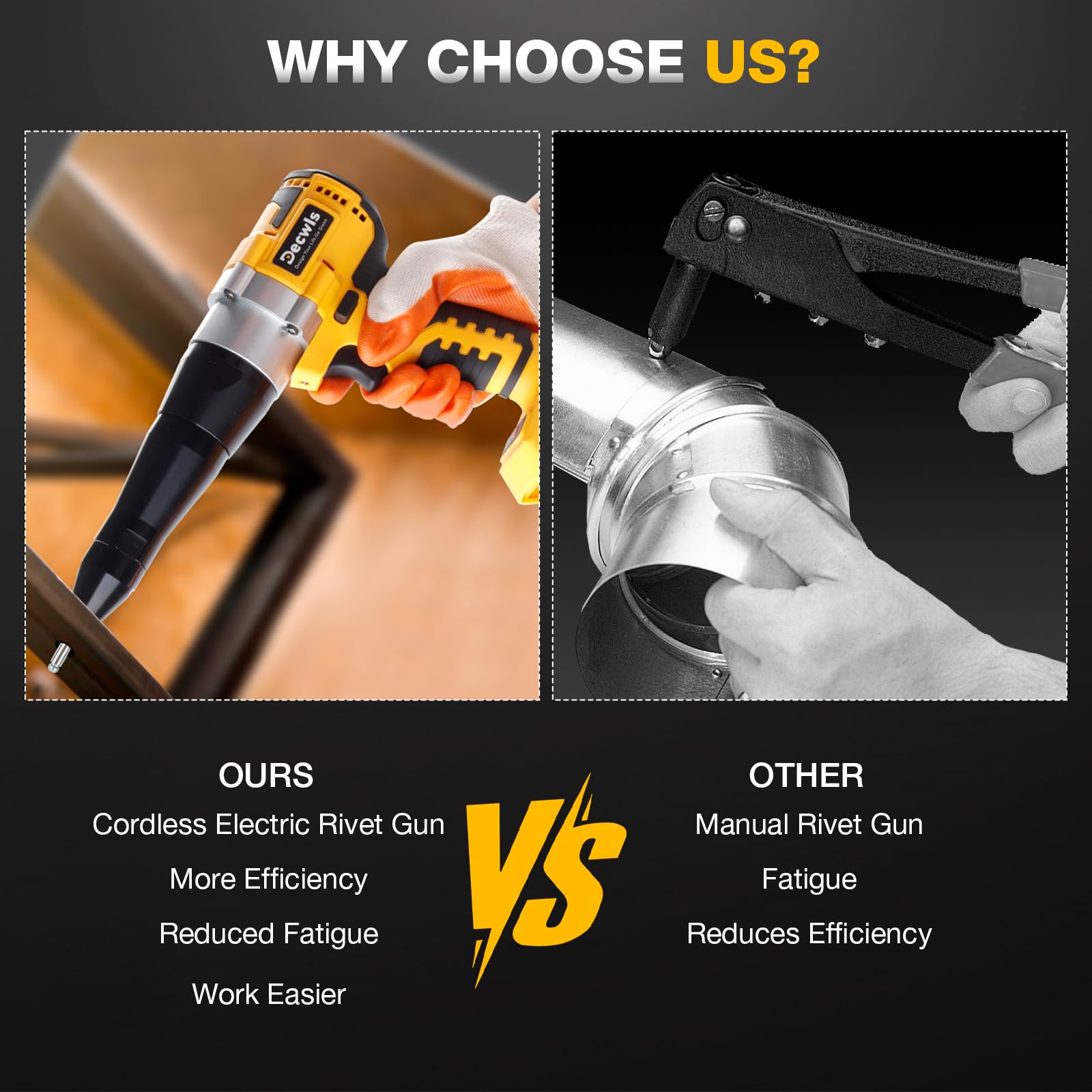 Decwls ergonomic grip reduces fatigue on long rivet jobs.