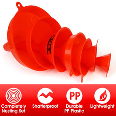 DEDC 3in funnel, red, versatile for car fluids and kitchen liquids.