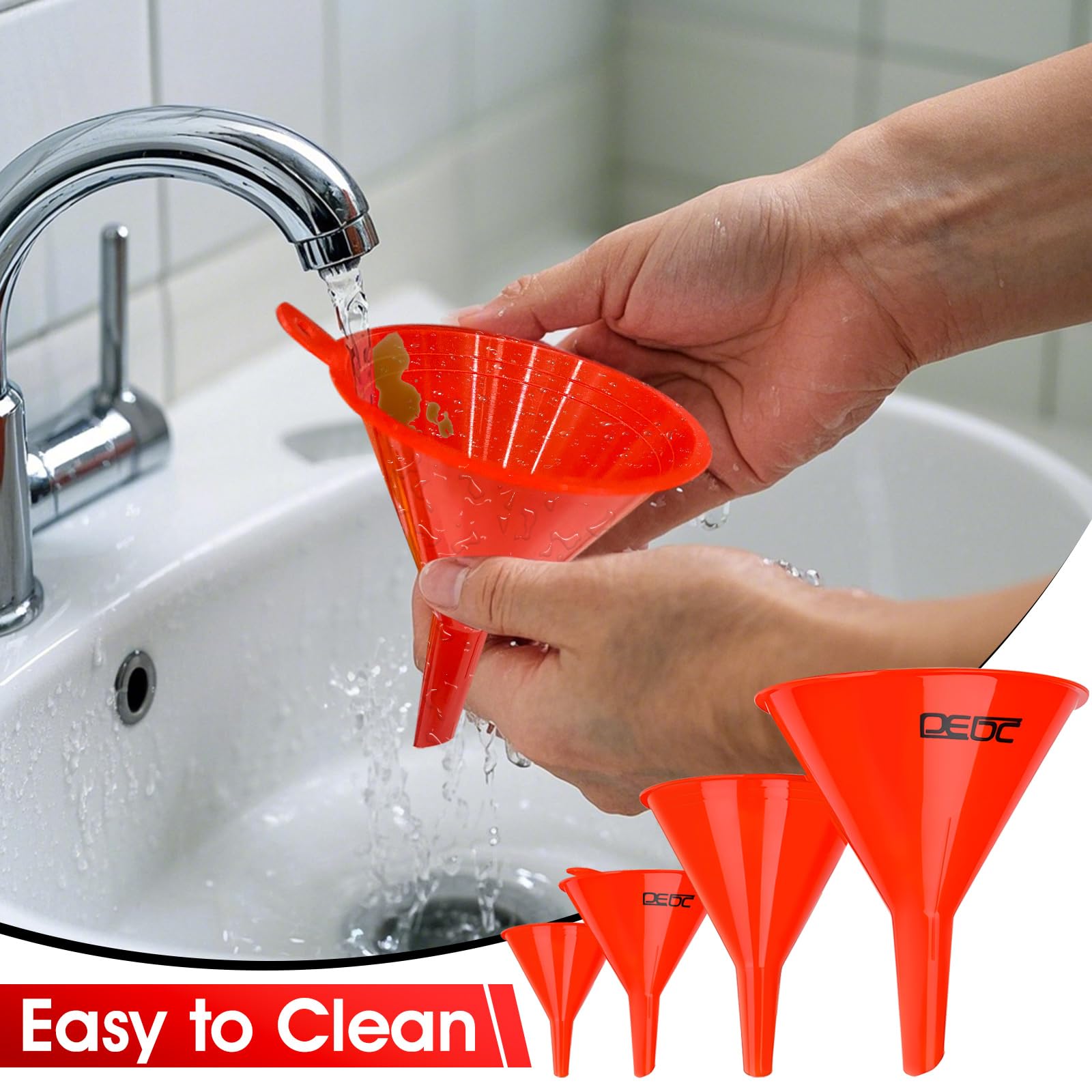 DEDC oil funnels set, durable plastic for automotive and household tasks.
