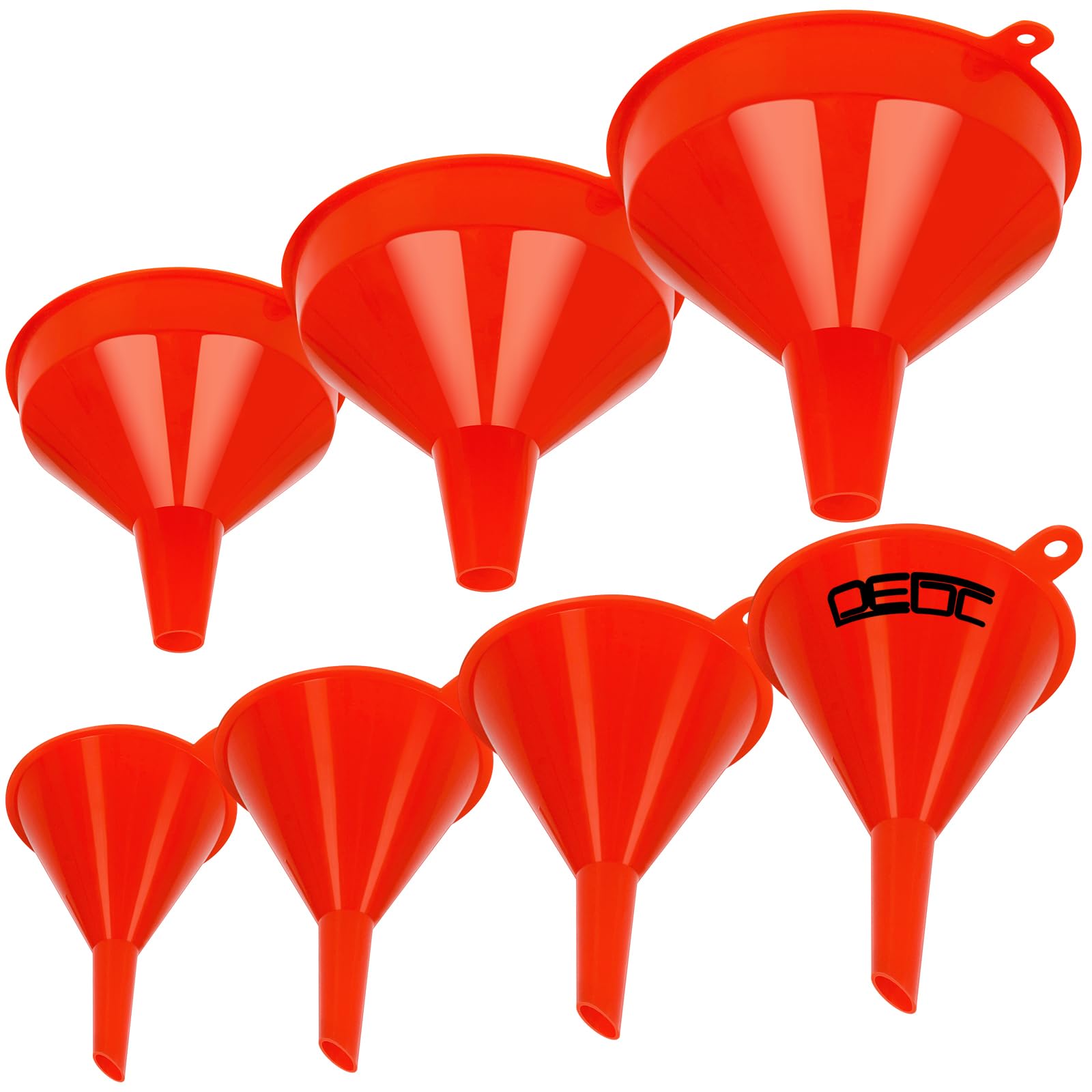 DEDC oil funnels set, front view in red, ideal for tight spaces.