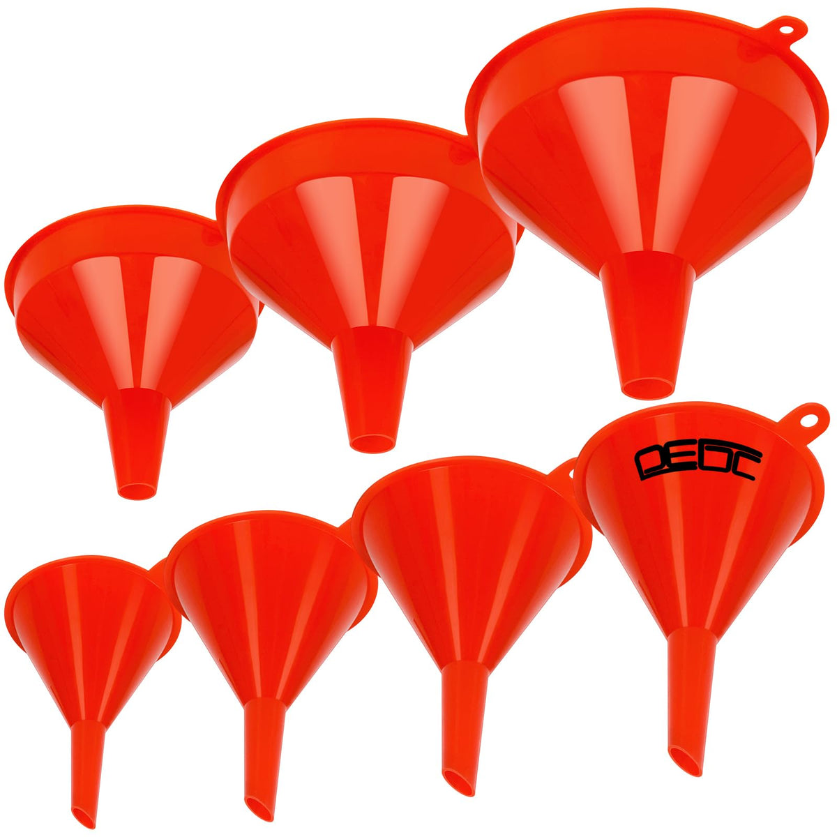 DEDC oil funnels set, front view in red, ideal for tight spaces.