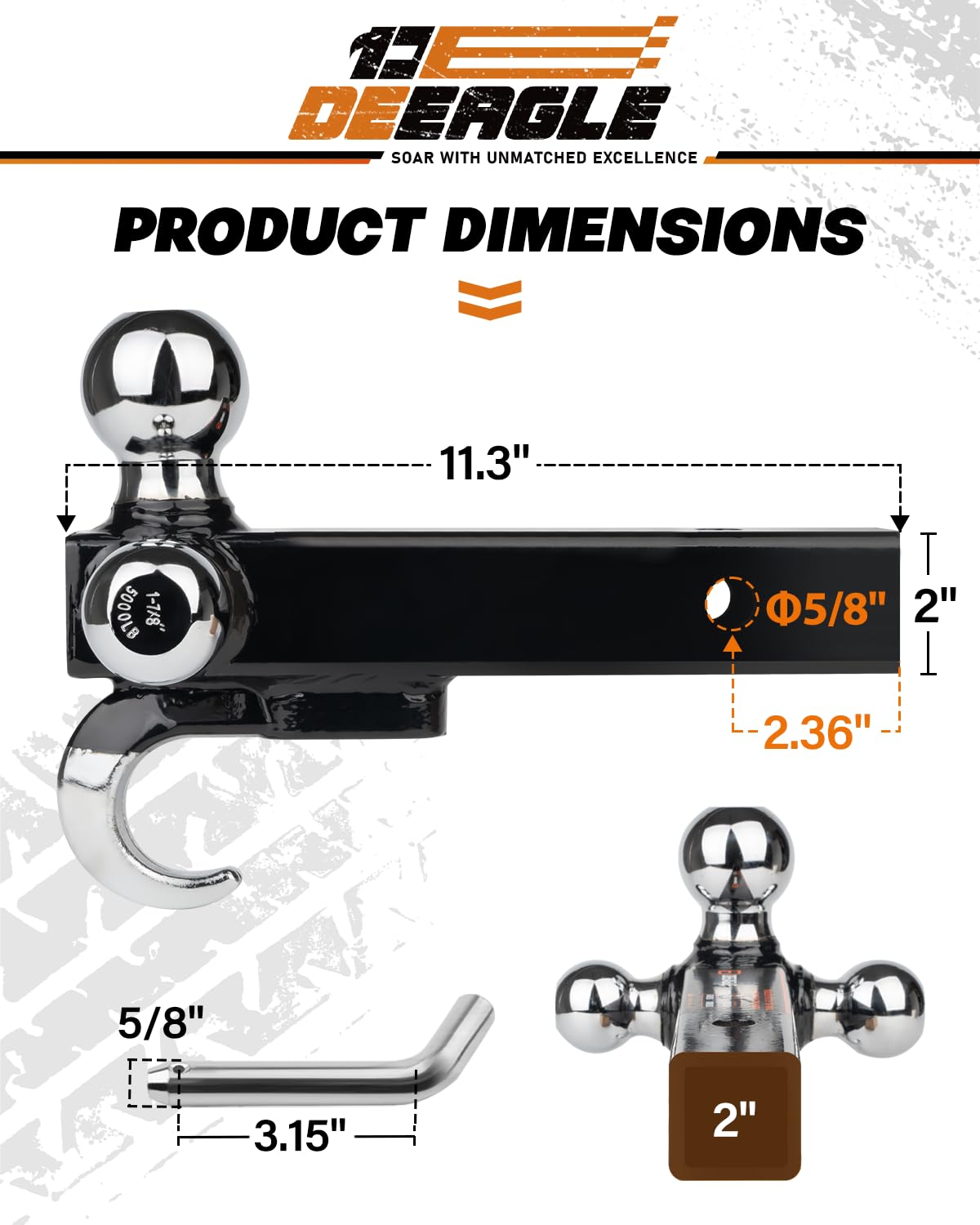 DEEAGLE tri-ball hitch with 1-7/8-in ball for lighter trailers.