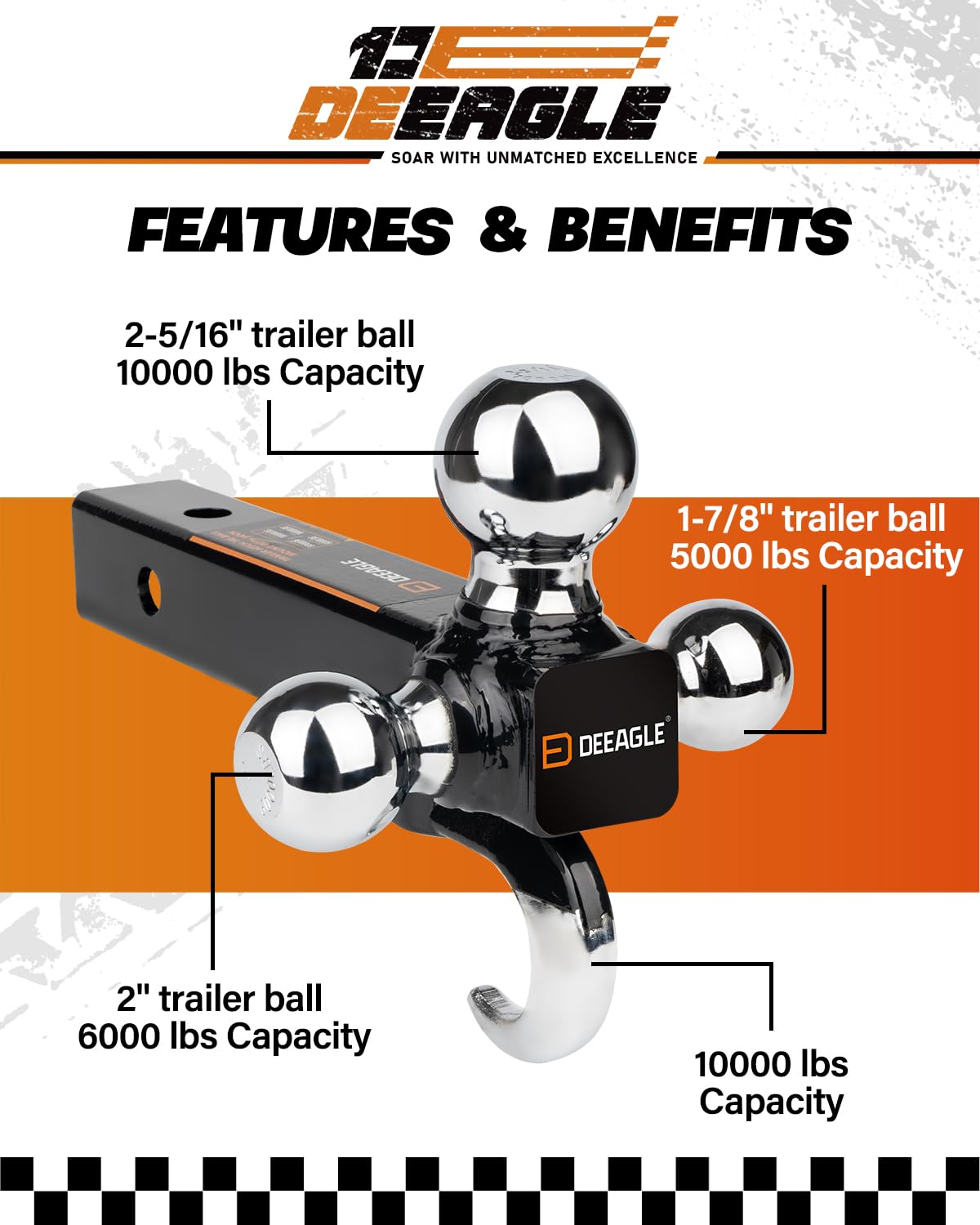 DEEAGLE tri-ball hitch with 2-in ball for mid-size loads.