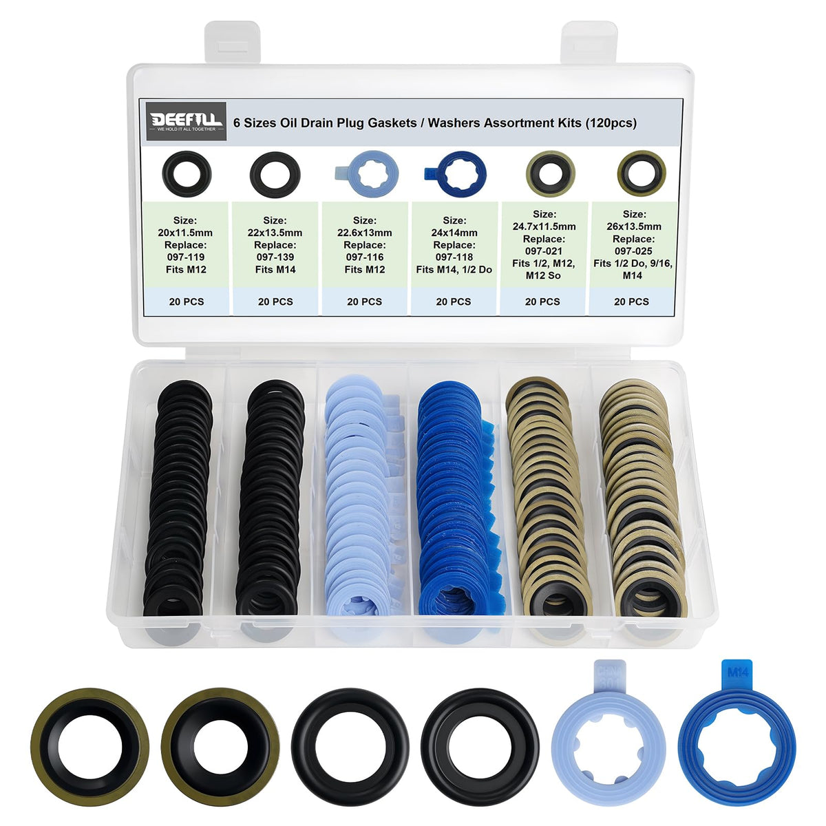 DEEFILL six-size oil drain plug washers kit in a clear organizer