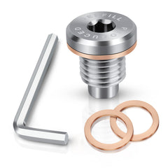 DEEFILL magnetic oil drain plug assembled; stainless steel design with magnet captures metal debris.