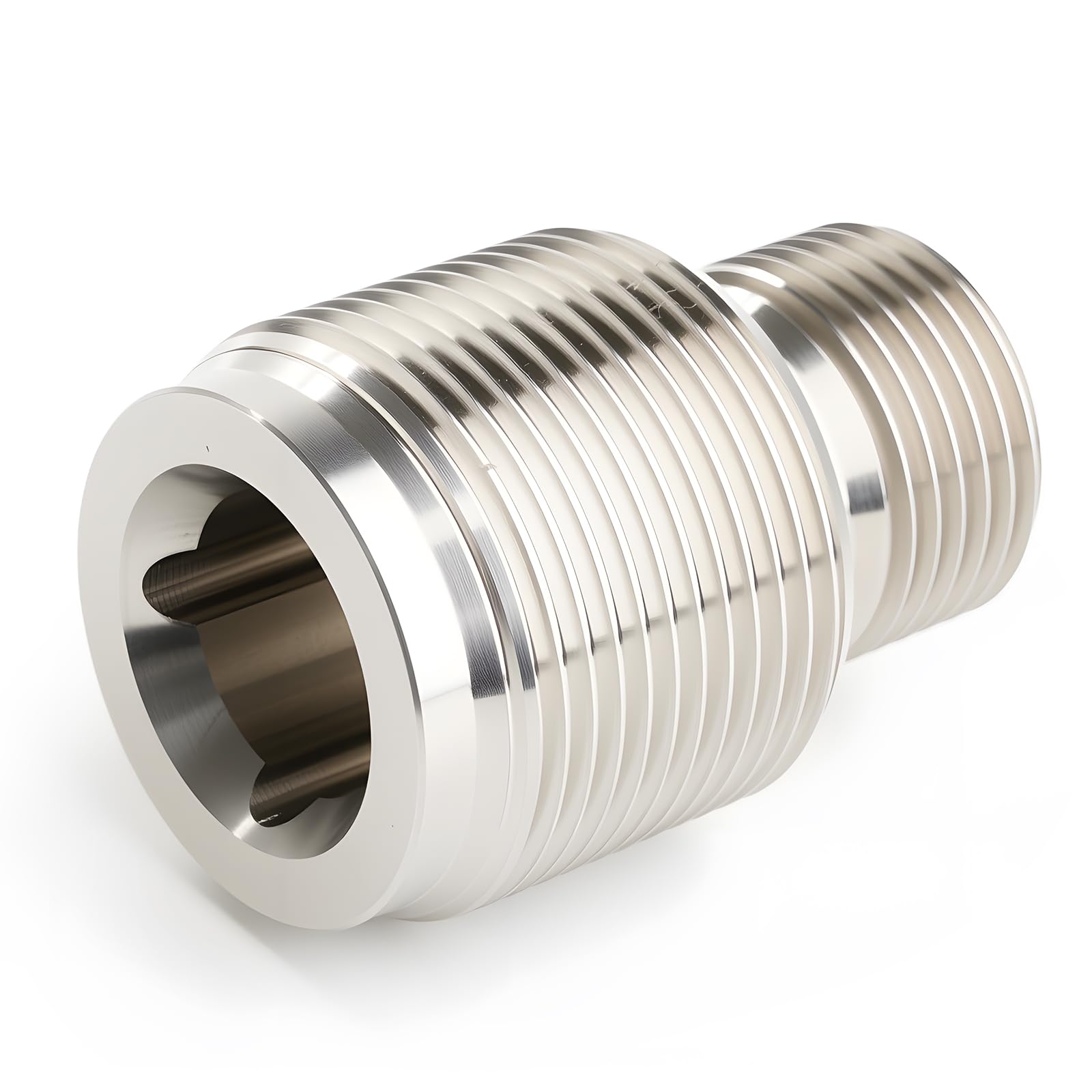 DEEFILL oil filter adapter assembly on engine, enabling larger 1 1/8-16 filters.