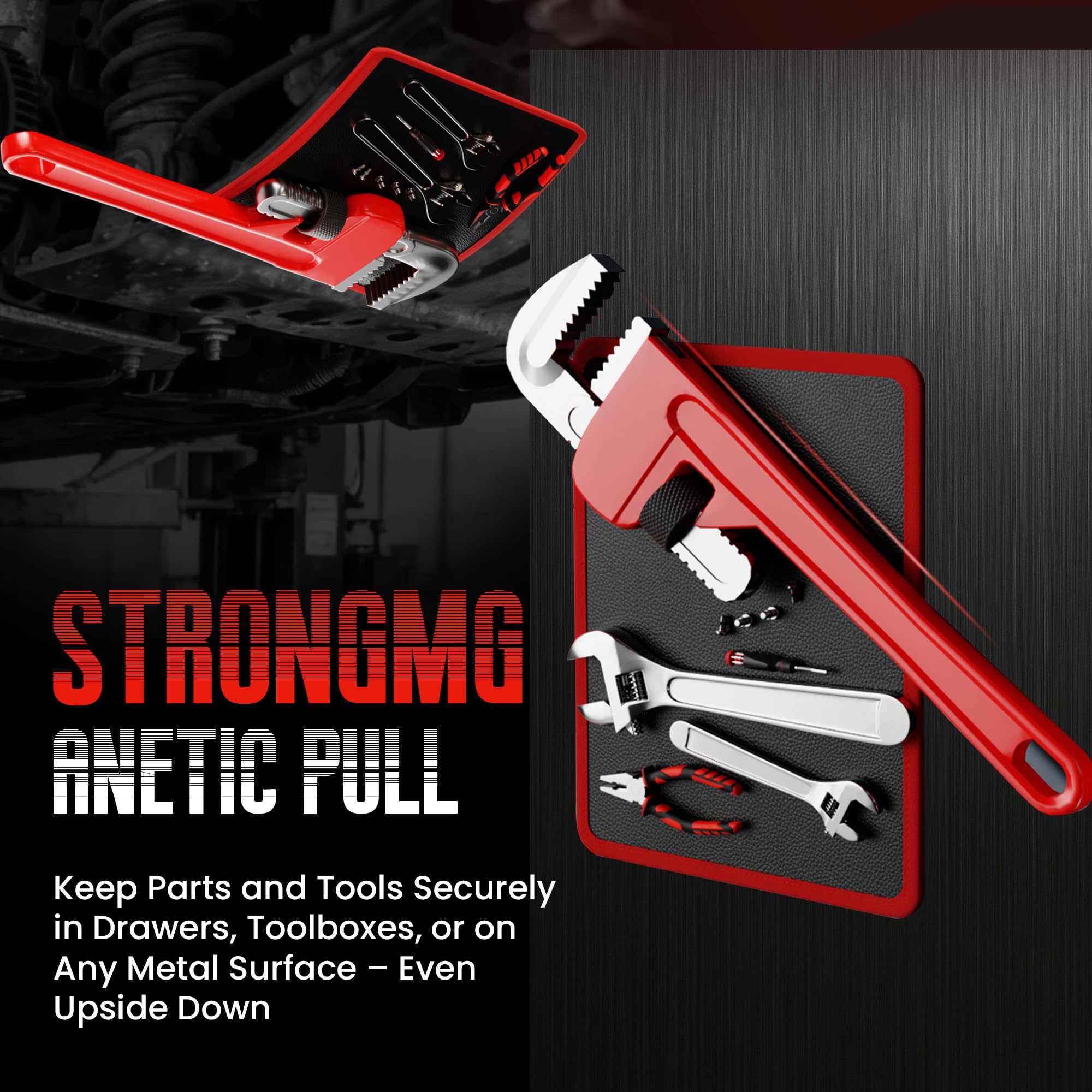 Deepredcoast magnetic tool mat on a bench for efficient organization and quick access.