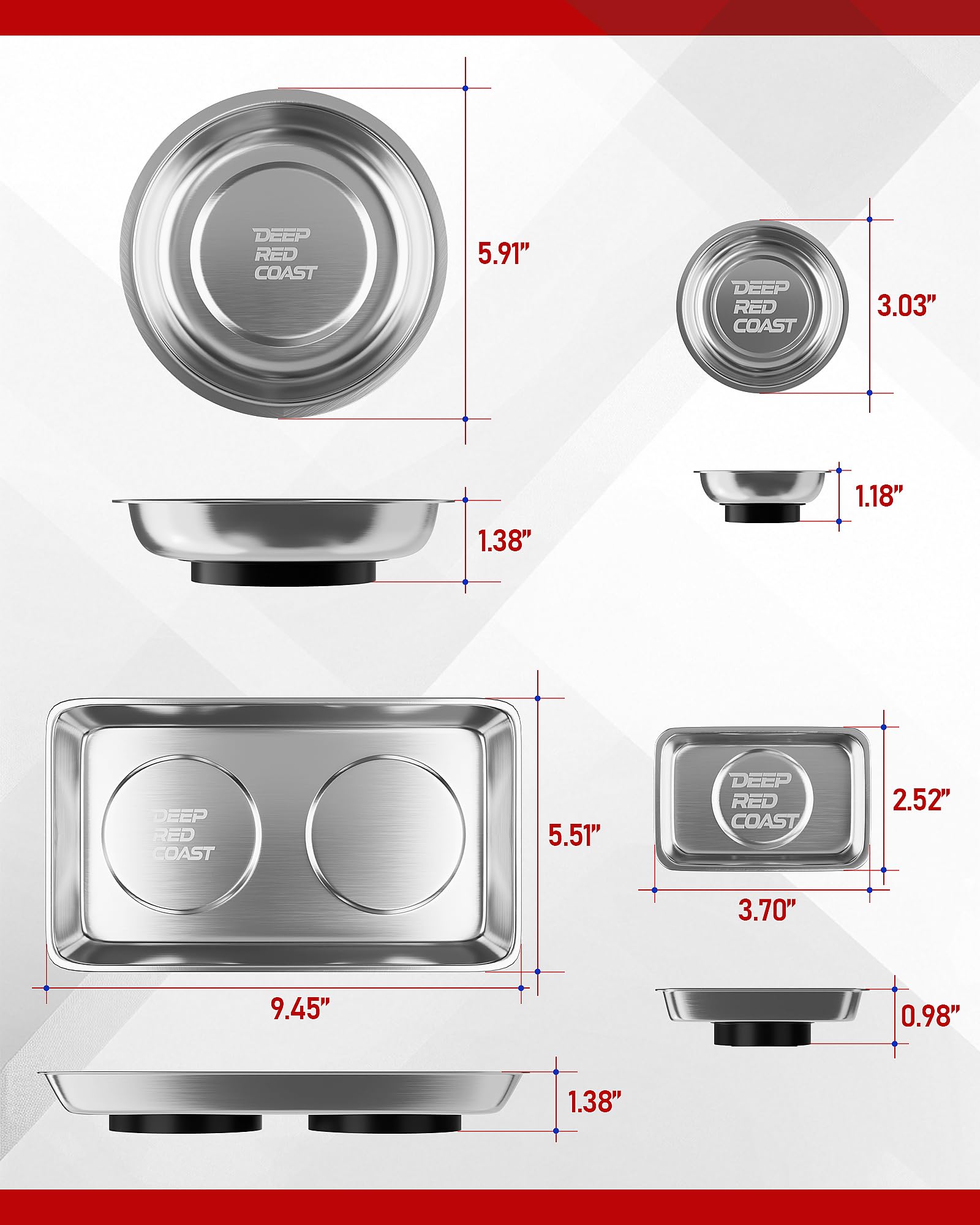 DeepRedCoast 6in round magnetic tray keeps larger fasteners organized on a workbench.
