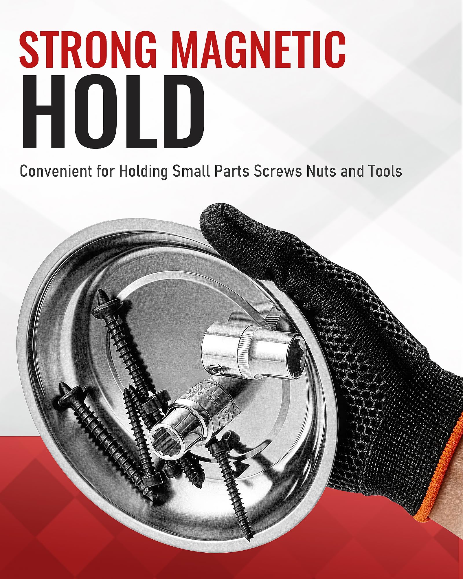DeepRedCoast square magnetic tray stabilizes hardware on a tool chest.