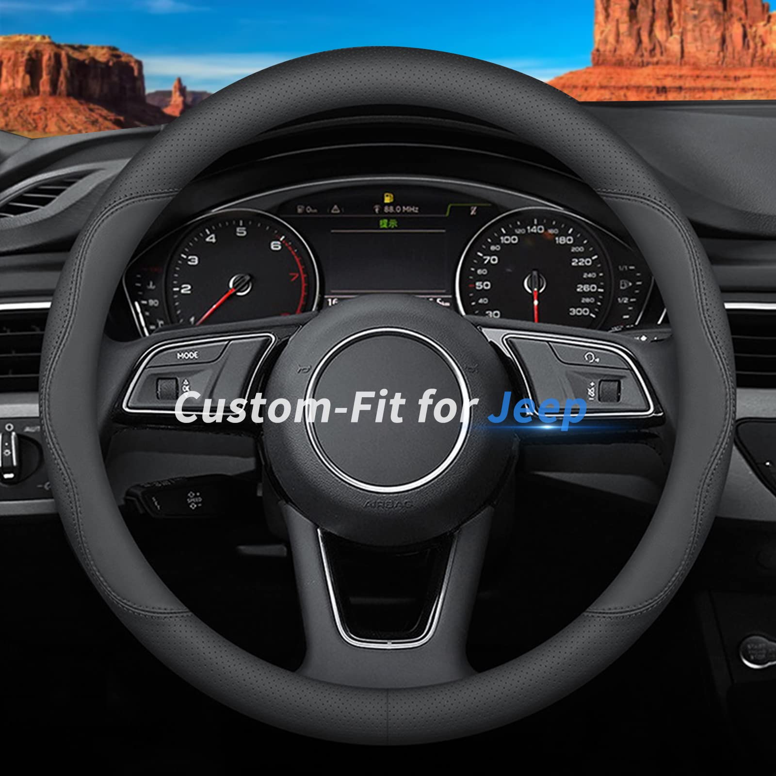 Deer Route Jeep steering wheel cover with red blue contrast for improved grip