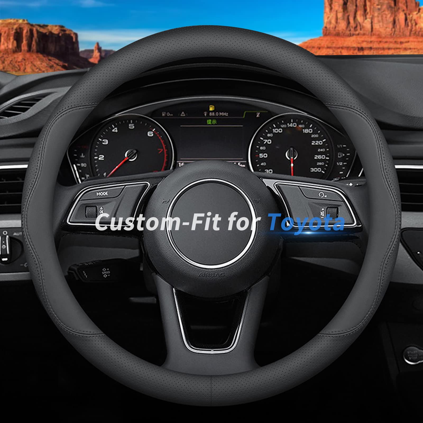 Deer Route steering wheel cover for Honda fit closeup, enhances fit and grip.