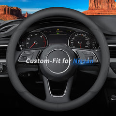 Deer Route Nissan steering wheel cover with logo design improves grip and interior look.