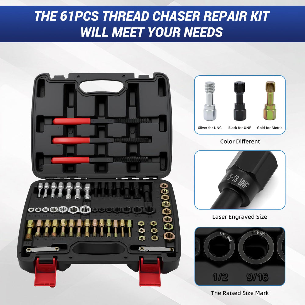 Color-coded UNC, UNF, and Metric taps speed repairs.