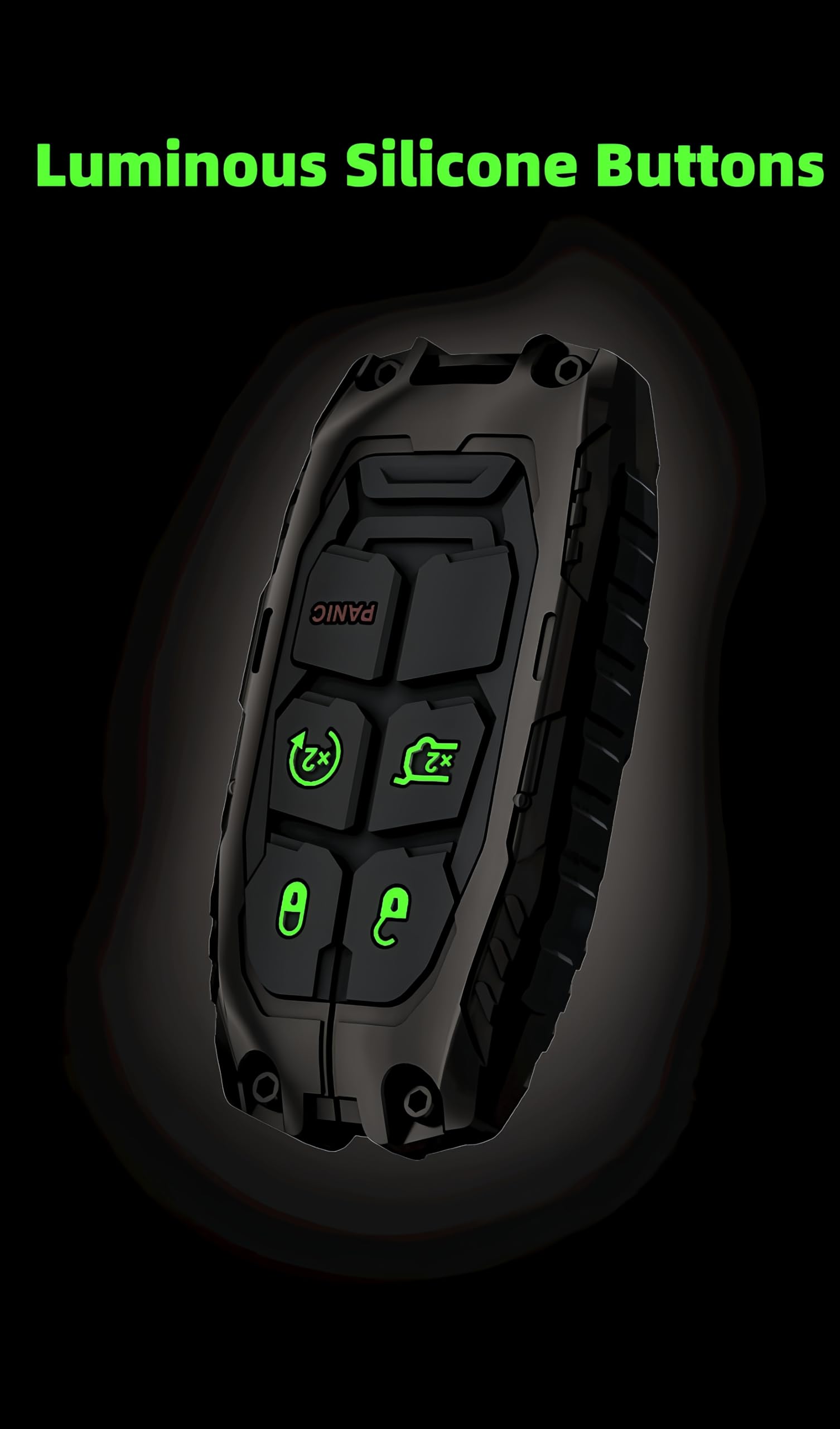 DEGEMEEN Heavy Zinc Key Fob Cover glow buttons close-up for night visibility.