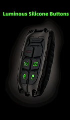 DEGEMEEN Heavy Zinc Key Fob Cover glow buttons close-up for night visibility.