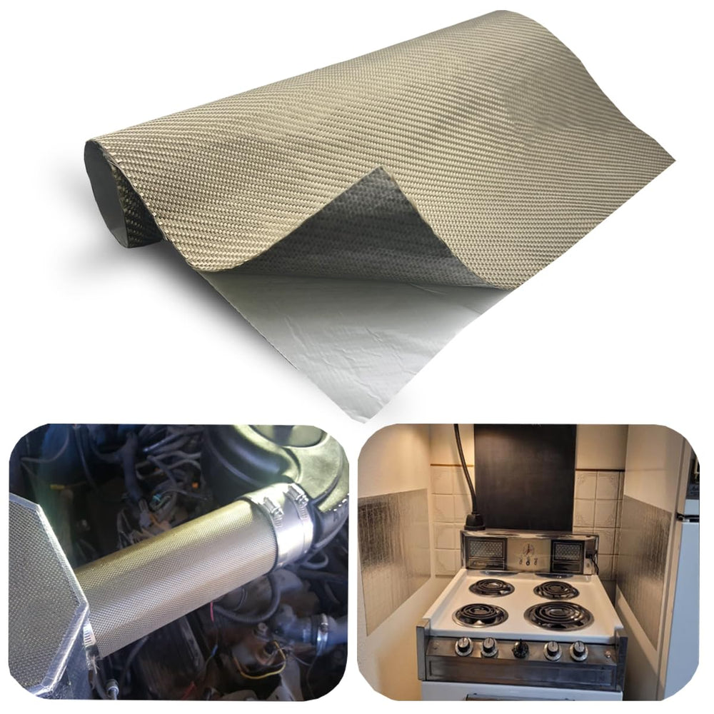 DEGEOBERLIN titanium adhesive-backed heat shield on wall behind grill offers reliable heat protection.
