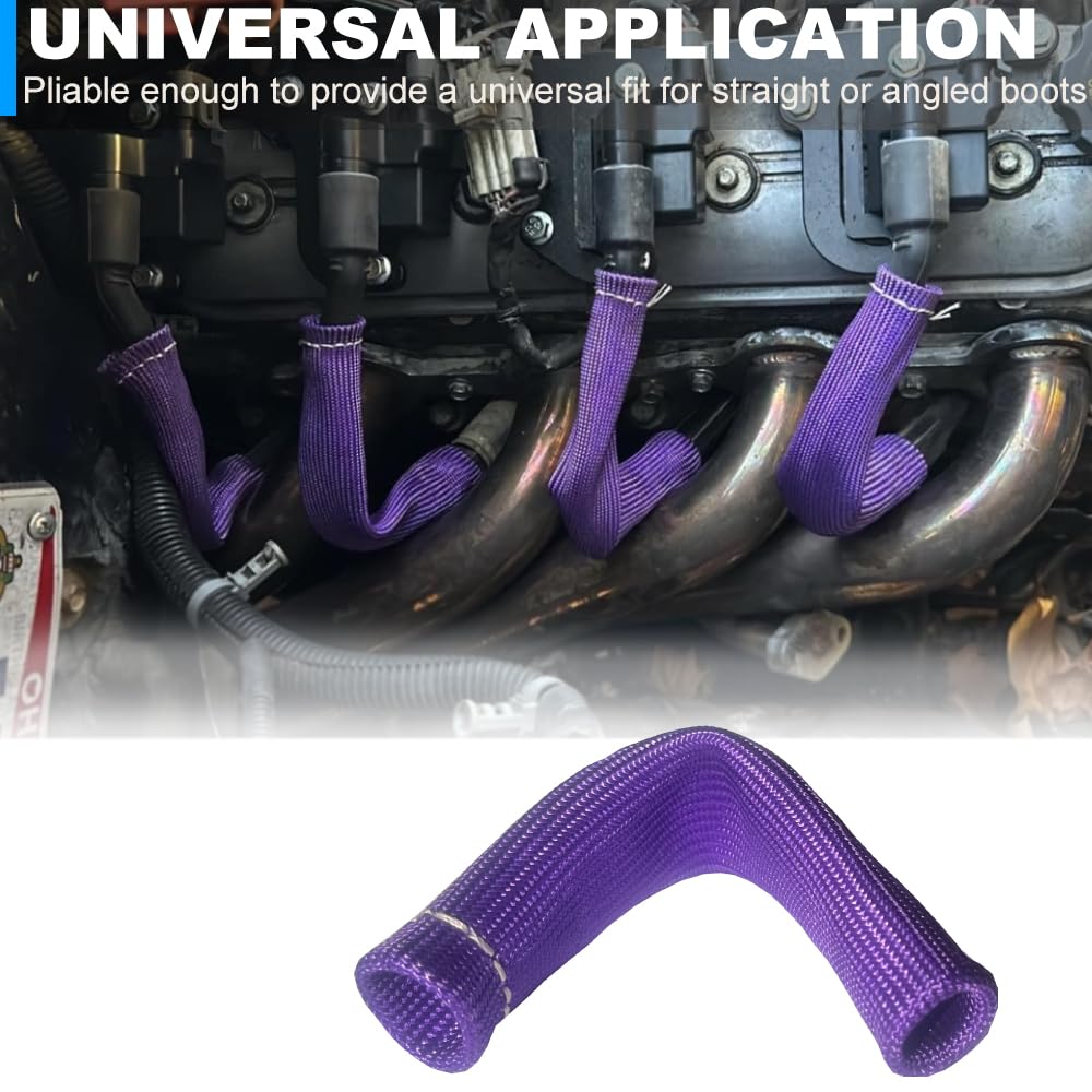 Purple heat shield on a spark plug boot demonstrates easy slip-on installation.