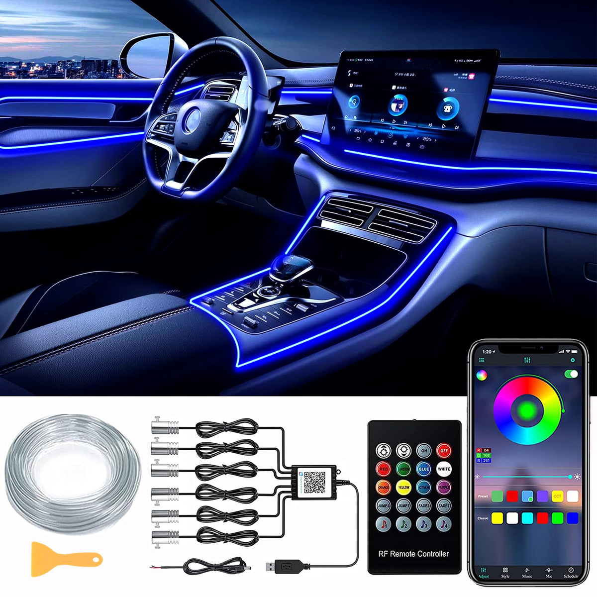 DEHERANE 6-in-1 car LED strip lights create personalized cabin ambience with vibrant RGB colors.