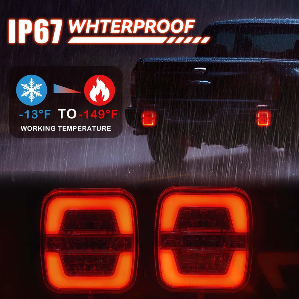 DEJ IP67 waterproof Bluetooth trailer lights resist rain and splashes.