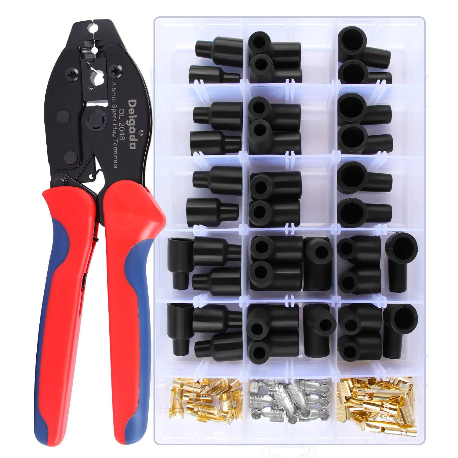 Delgada spark plug crimping tool setup with kit components for easy wiring.