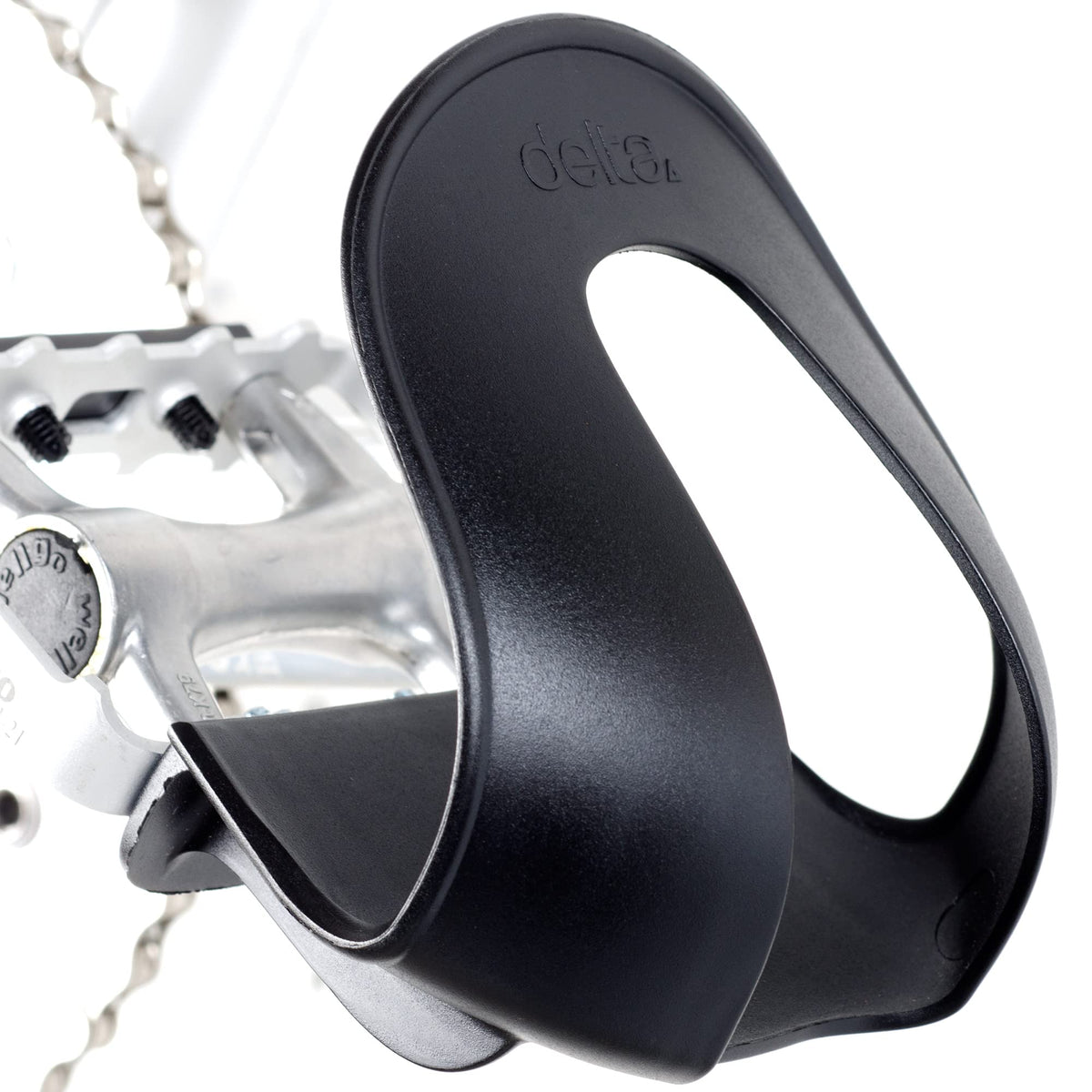 Delta Cycle toe clips on a bike with a wide opening for easy foot entry