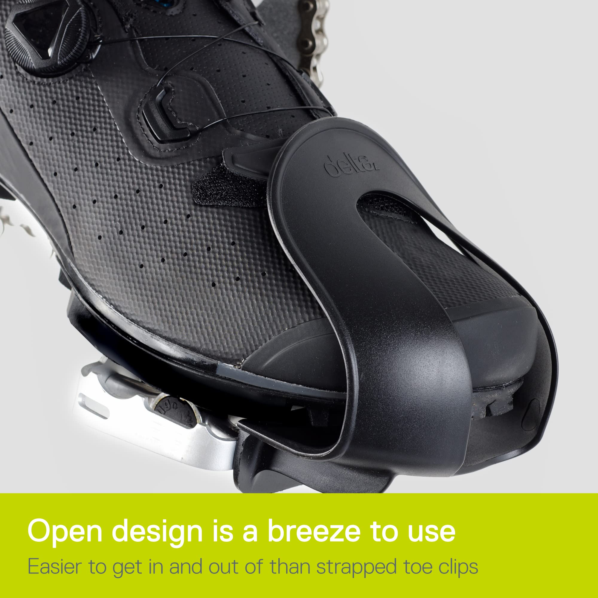 Close-up of durable nylon Delta Cycle toe clips for smooth comfort