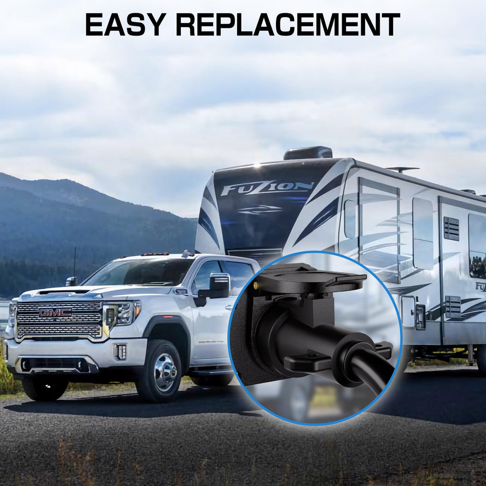 Deluwire 7-way cord being installed between trailer and vehicle.