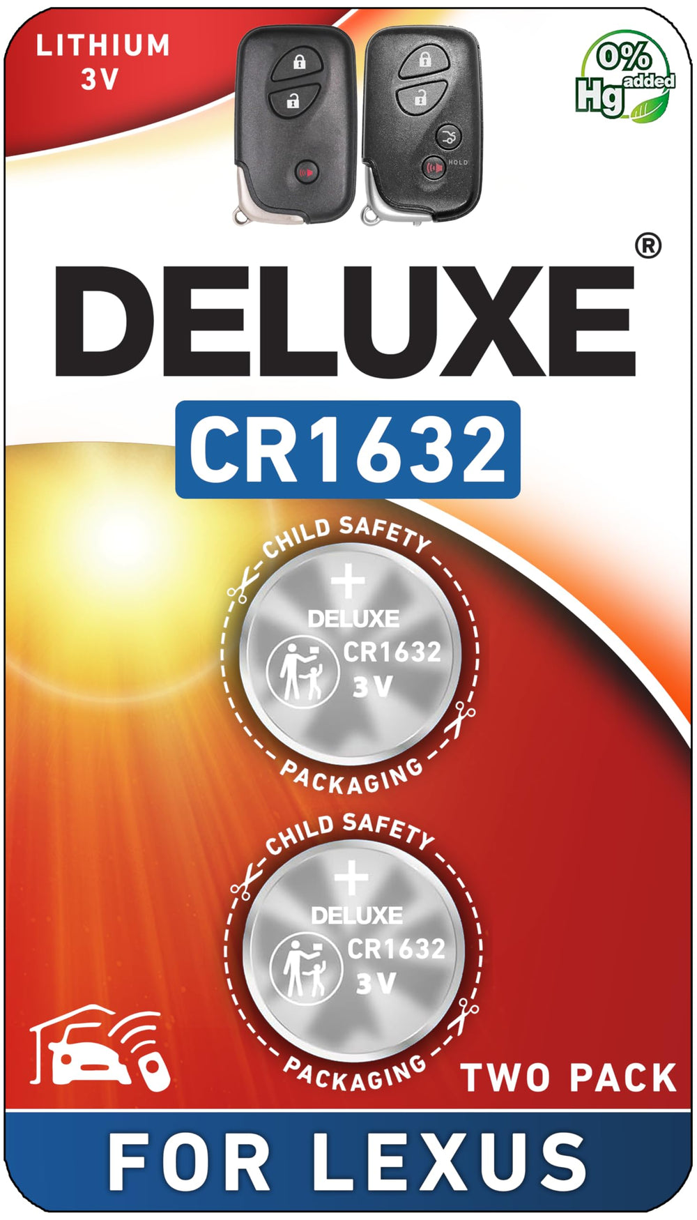 Deluxe Batteries CR1632 two-pack, front view, for Lexus key fob.