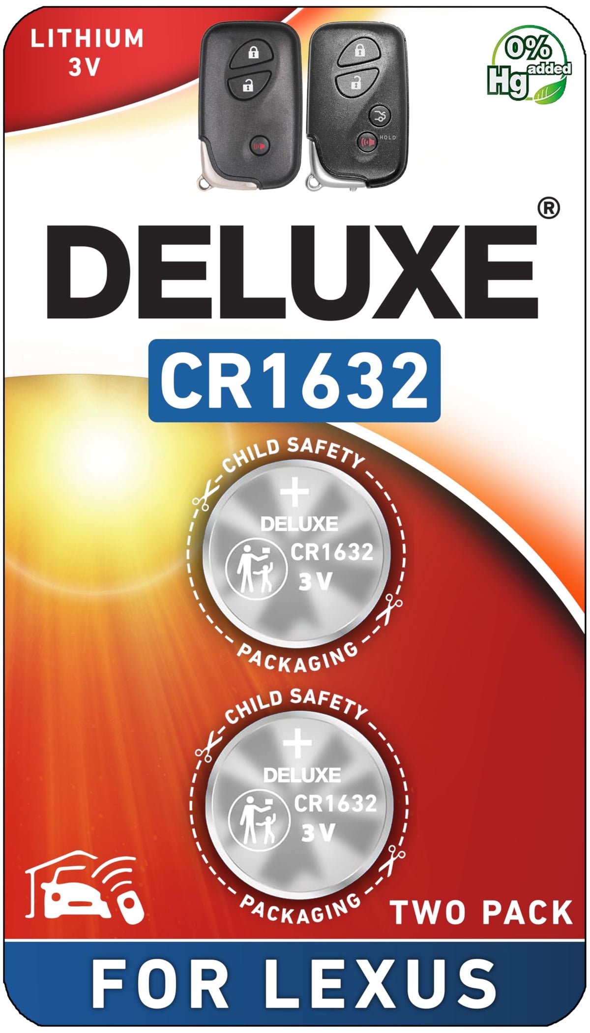 Deluxe Batteries CR1632 two-pack, front view, for Lexus key fob.