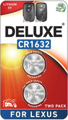 Deluxe Batteries CR1632 two-pack, front view, for Lexus key fob.