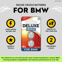 CR2032 3V replacement battery for BMW key fobs by Deluxe Batteries.