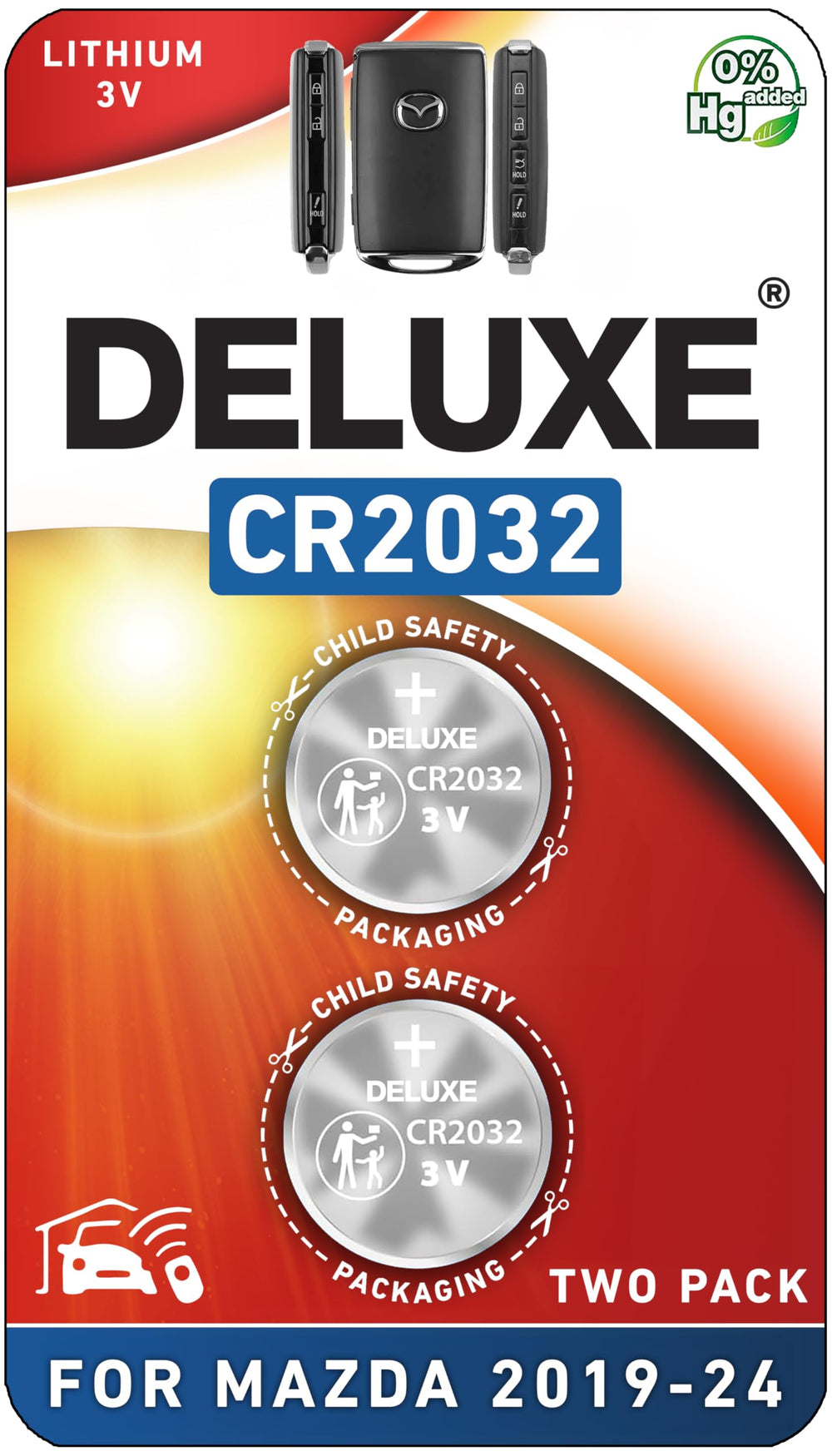 Deluxe Batteries two-pack key fob batteries ready for Mazda remotes, easy DIY swap