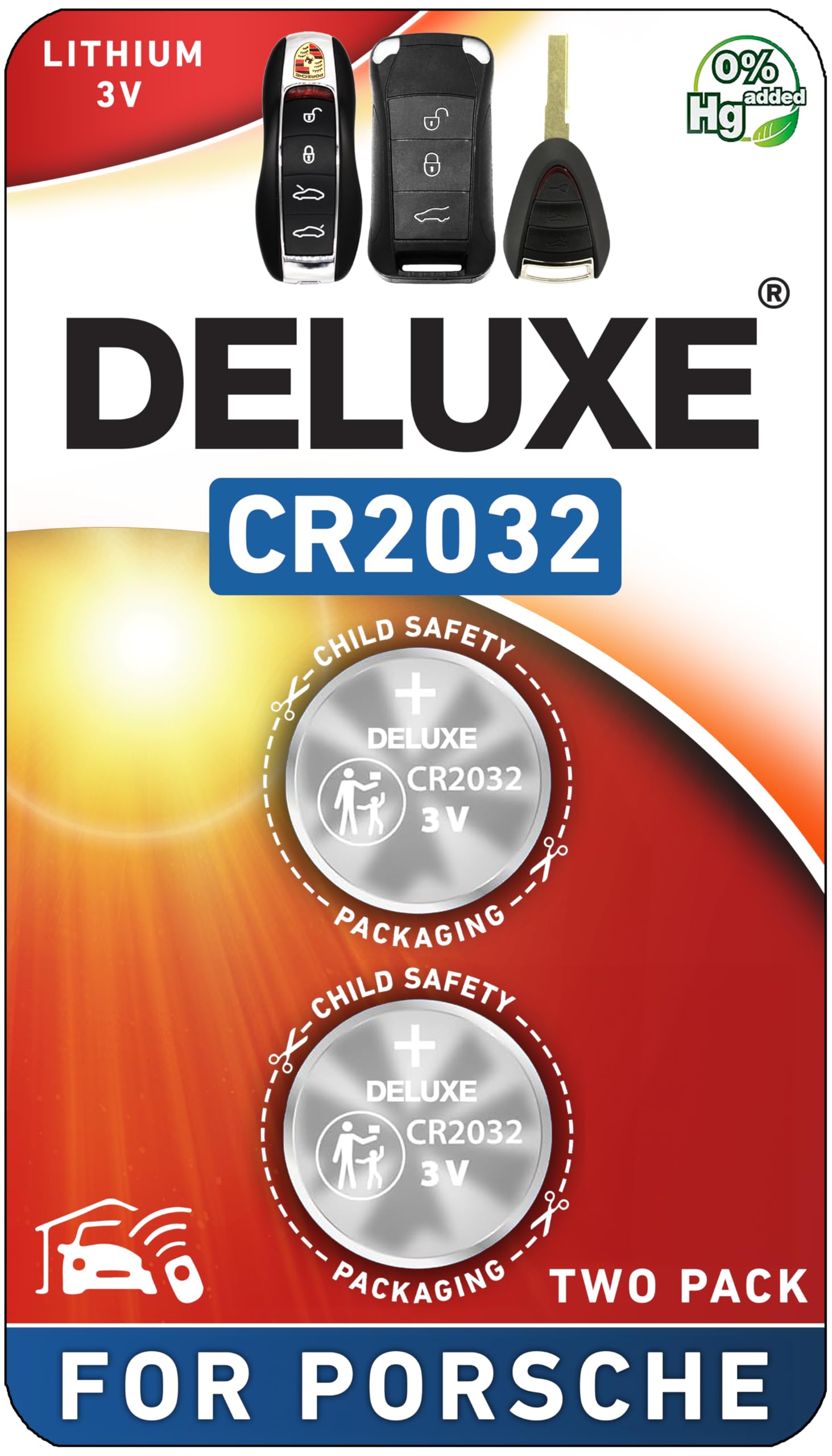 Deluxe Batteries two-pack CR2032 for Porsche key fob, easy at-home replacement.