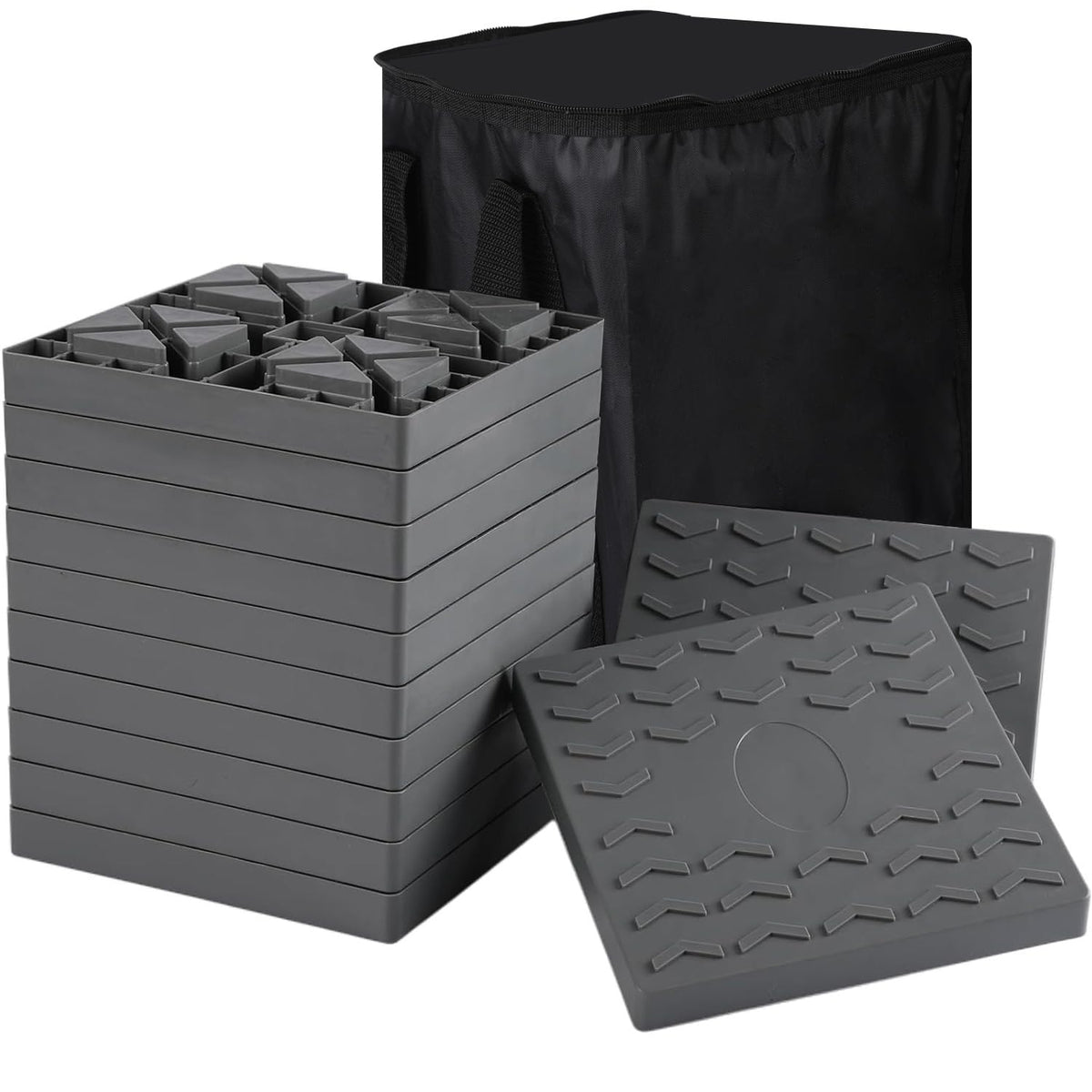 Demreal RV leveling blocks with interlocking design for modular campsite stability.