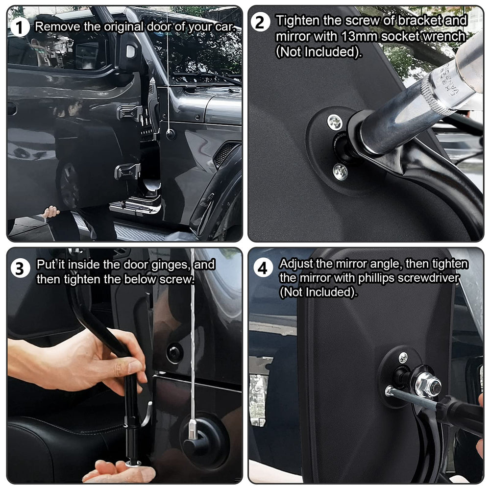 DenForste mirrors-off bracket installation shows no-drill setup for quick doors-off ready.