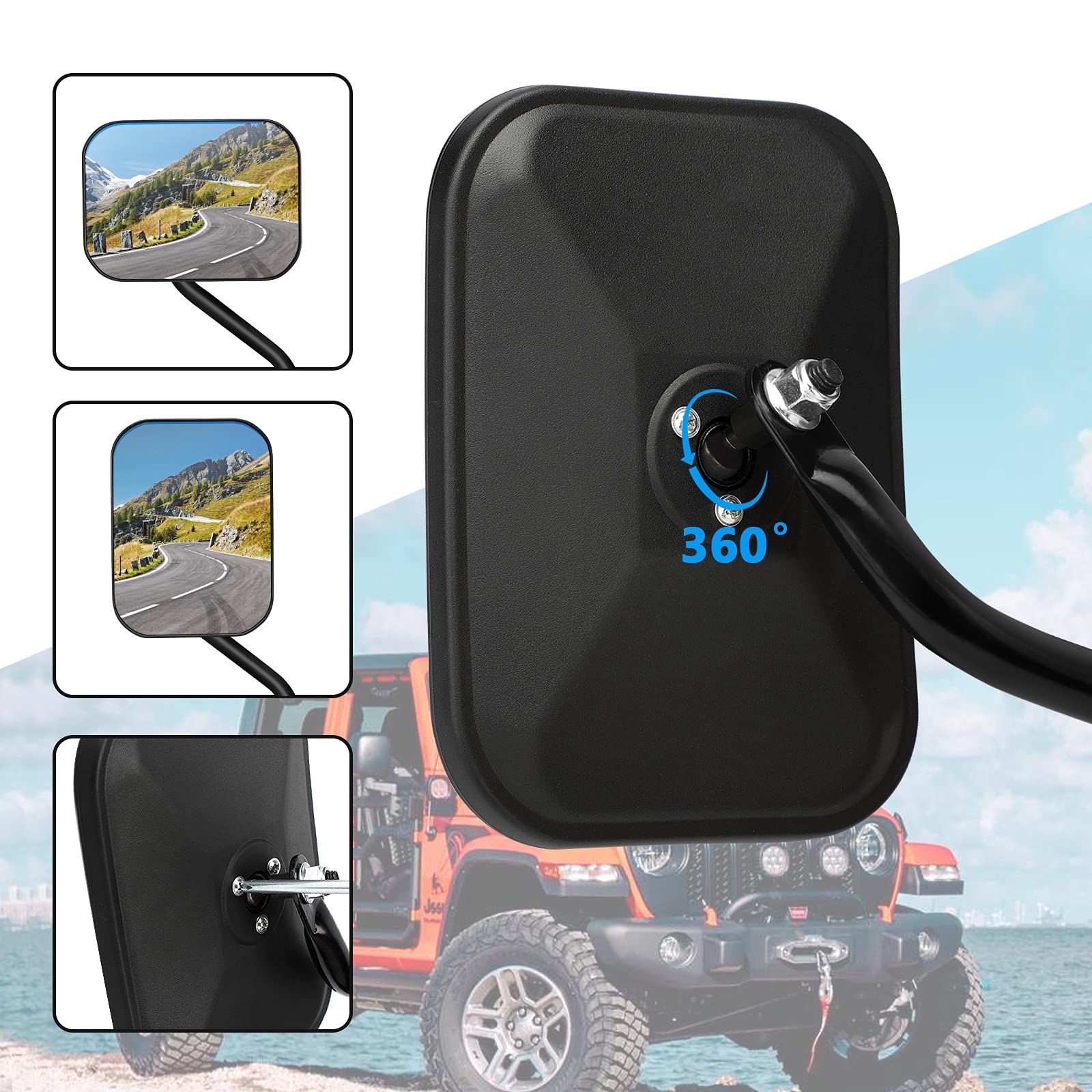 DenForste mirrors-off locking knob secures angle after adjustment for highway and off-road stability.