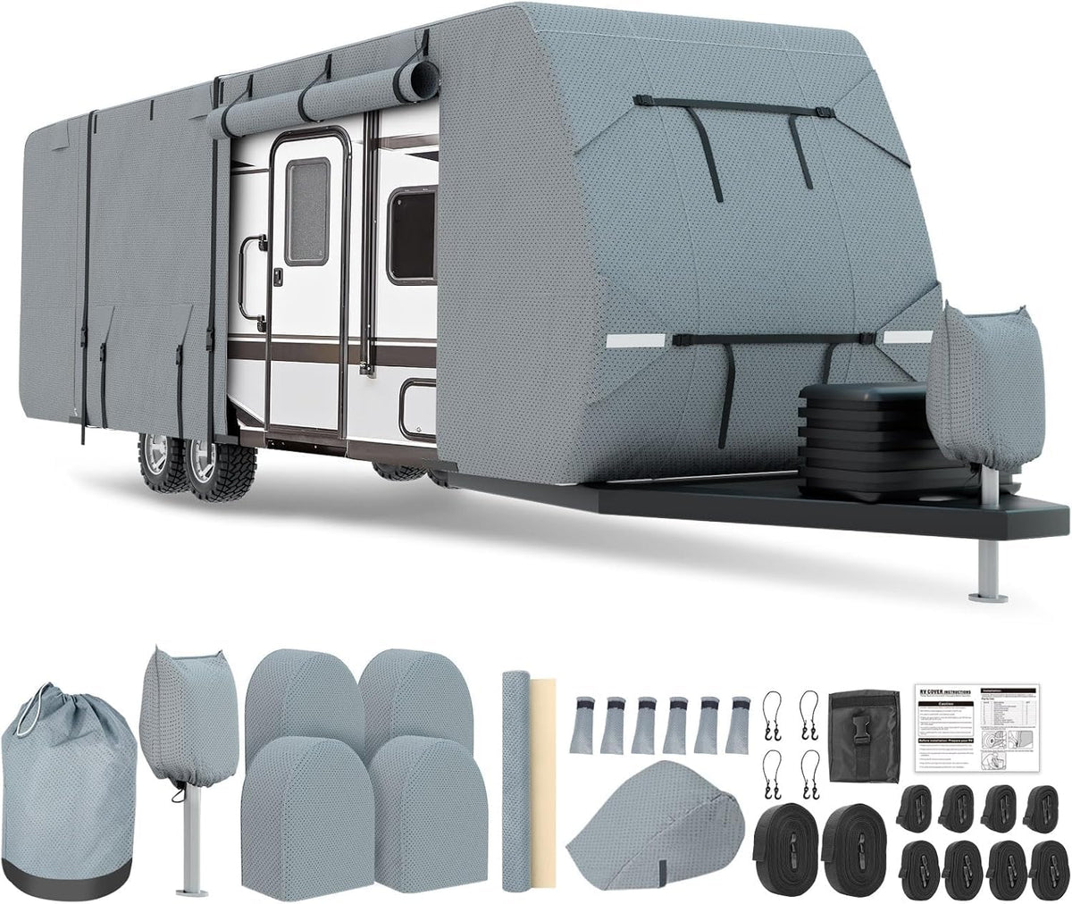 DenForste RV cover front view highlights snug fit and UV protection.