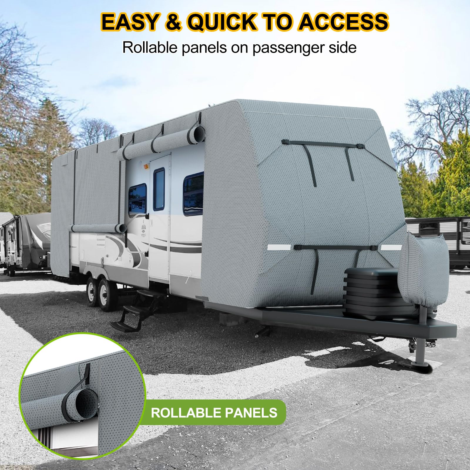 DenForste RV cover tongue jack cover detail protects hitch area during storage.