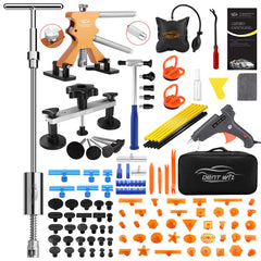 DentWiz Paintless Dent Repair Kit on car panel with full toolset for dent removal.
